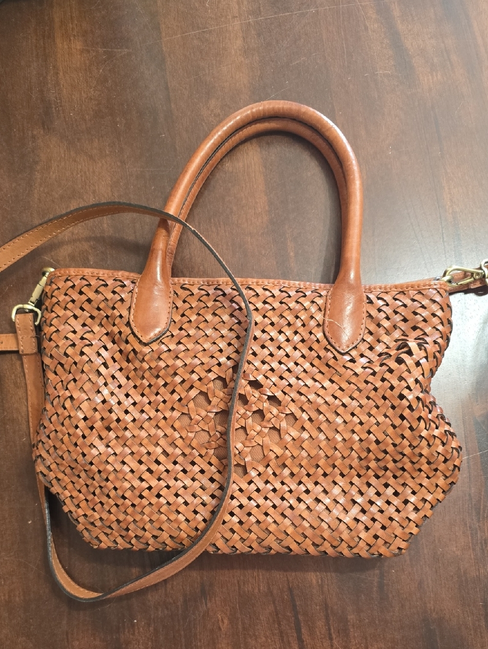 Woven Leather Satchel Bag in Cognac